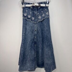 Vintage Acid Wash 90's Denim Jeans Maxi Skirt Paperbag Waist Lace